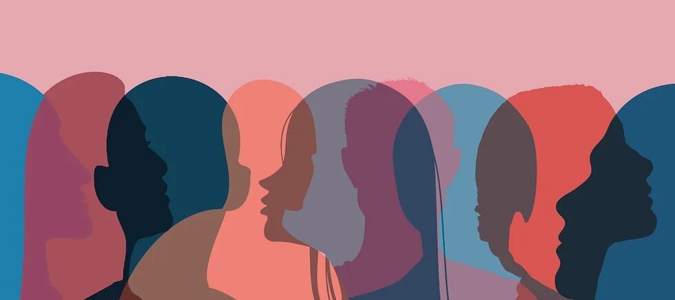 Stylized, overlapping silhouettes of people in various colors against a rose-colored background.