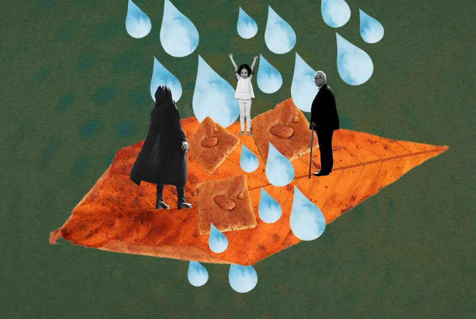 Collage auf grünem Hintergrund: Drei Schwarzweißbilder von Personen, davon eine ein Kind in einem weißen Kleid stehen auf einem orangenen Blatt, dazwischen hellblaue Wassertropfen und Gebäck