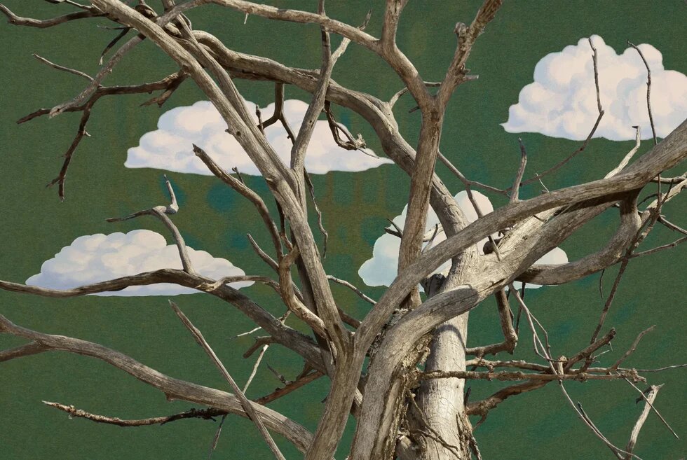 Collage: Verzweigter kahler Baumstamm mit vielen Ästen vor grünem Hintergrund; dahinter mehrere gemalte weiße Wolken.