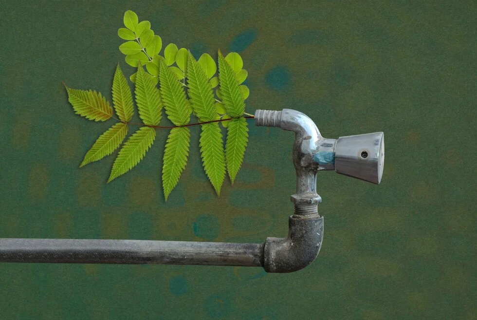 Collage: Wasserhahn mit Rohr; statt Wasser ragt ein Zweig mit vielen grünen Blättern aus der Öffnung vor grünem Hintergrund.