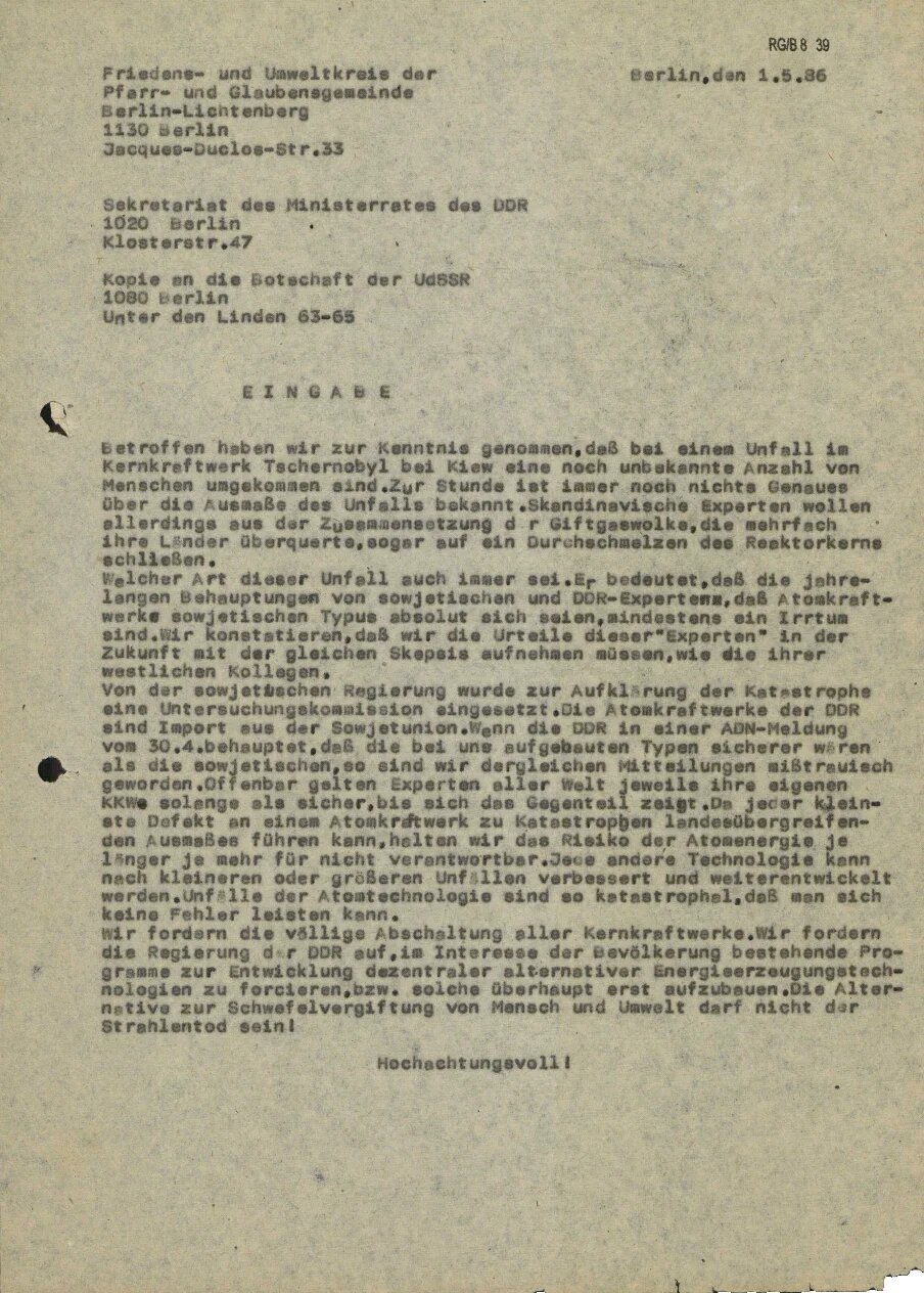 Eingabe an den Ministerrat der DDR, Betreff: Unfall im Kernkraftwerk, 1.5.1986.