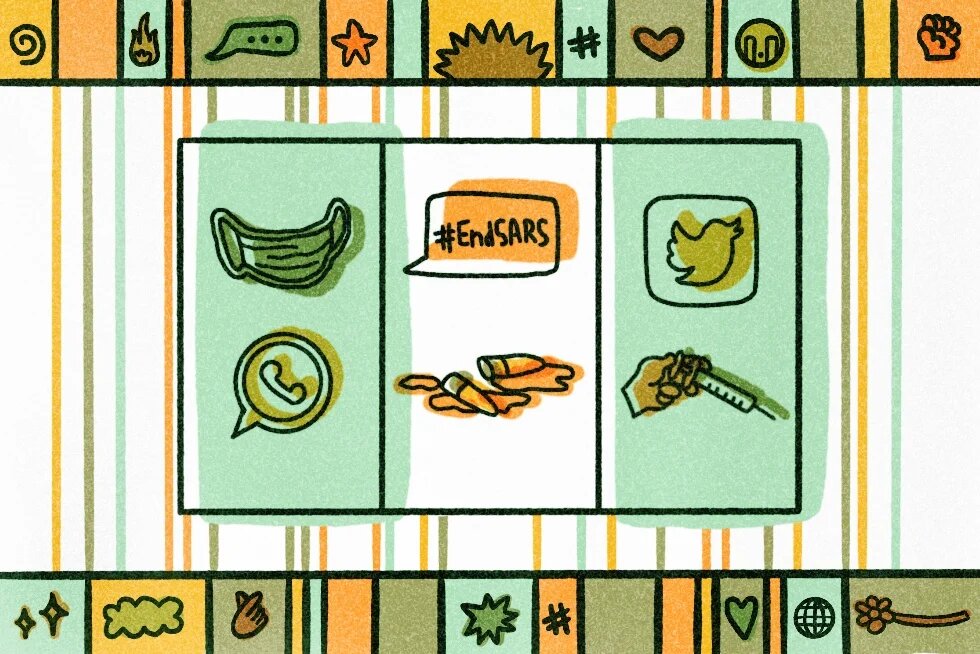 Illustration with symbols relating to social and political issues such as the #EndSARS movement, the COVID-19 pandemic and social media.