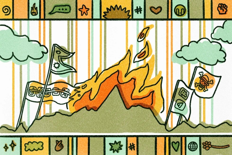 Illustration: In the center of the image is a brown-green mountain, from whose peak large orange flames erupt. Four flags flutter around the mountain: the national flag of Nepal, a pirate flag, and two flags with abstract symbols and app icons. In the background are vertical stripes in pastel shades and green clouds. Colorful borders with symbols such as flames, speech bubbles, hearts, hashtags, and a clenched fist adorn the top and bottom edges.