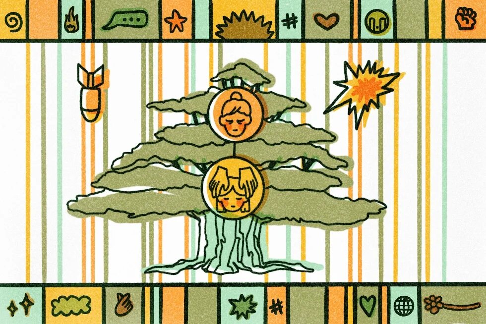 The central motif of the illustration is a Lebanese cedar tree. Small figures can be seen holding flags, using a megaphone for protest, or engaged in community action. The color scheme uses warm orange and red tones in the background, which contrast sharply with the deep green of the cedar.