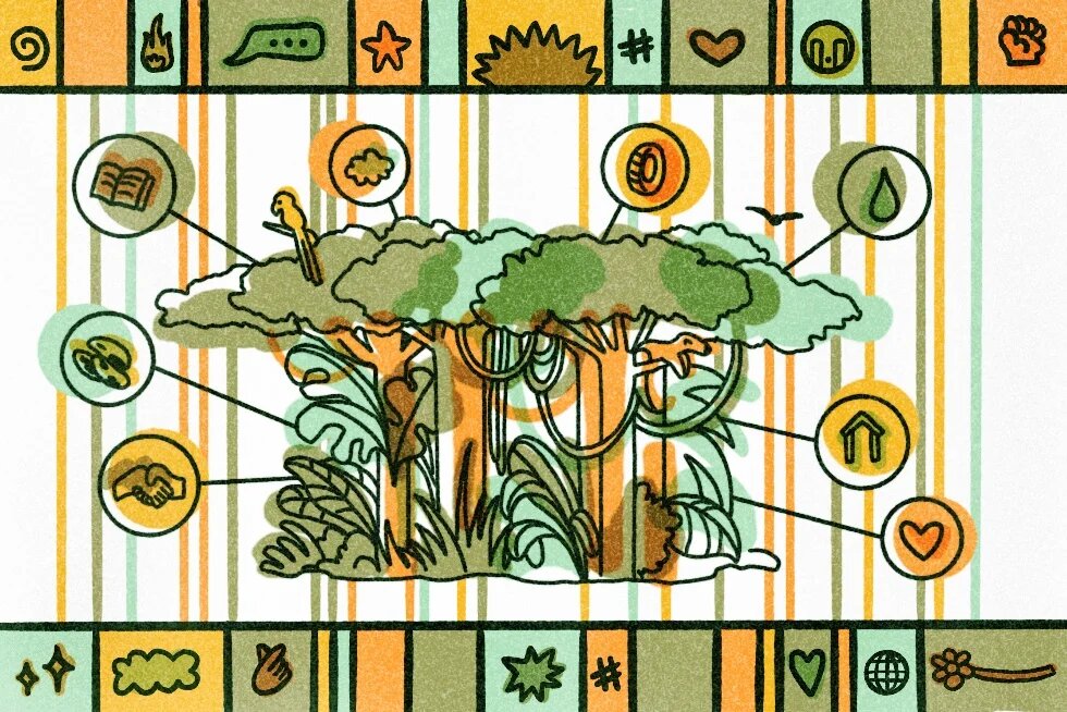 Illustration of a dense primeval forest with various icons in speech bubbles symbolizing themes such as nature, education, housing and community.
