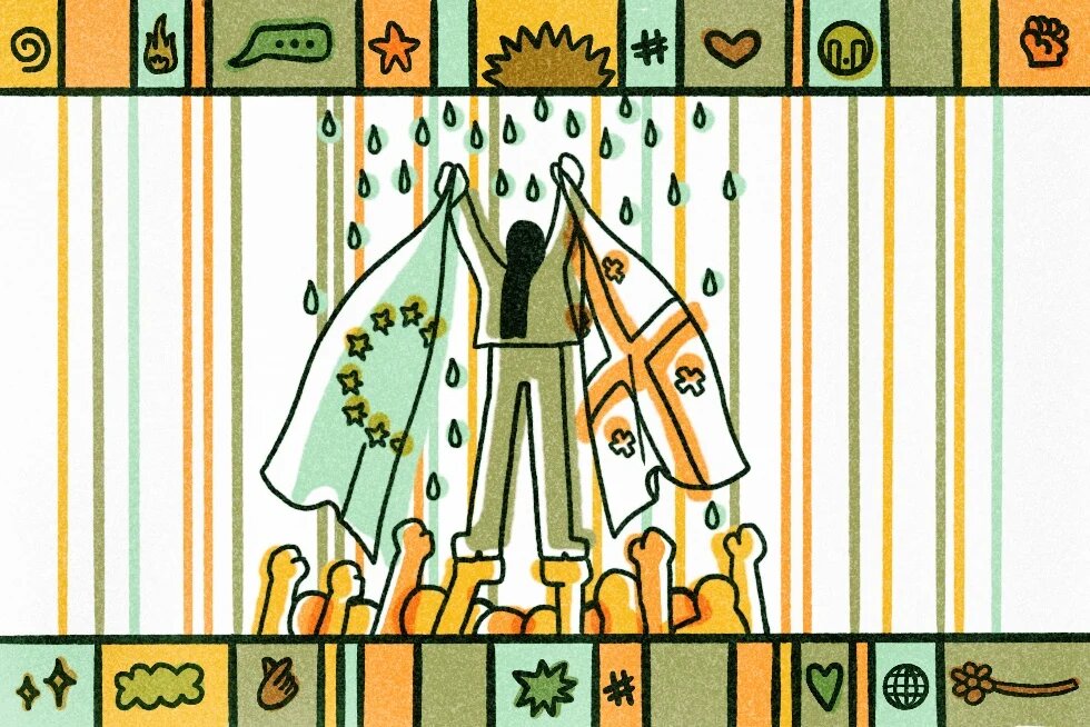 Illustration: A person stands triumphantly on the raised arms of a group, holding up the EU flag and the Georgian flag. Vertical stripes and falling drops are visible in the background. The top and bottom edges of the image are decorated with symbols such as hearts, stars, flames, and fists.
