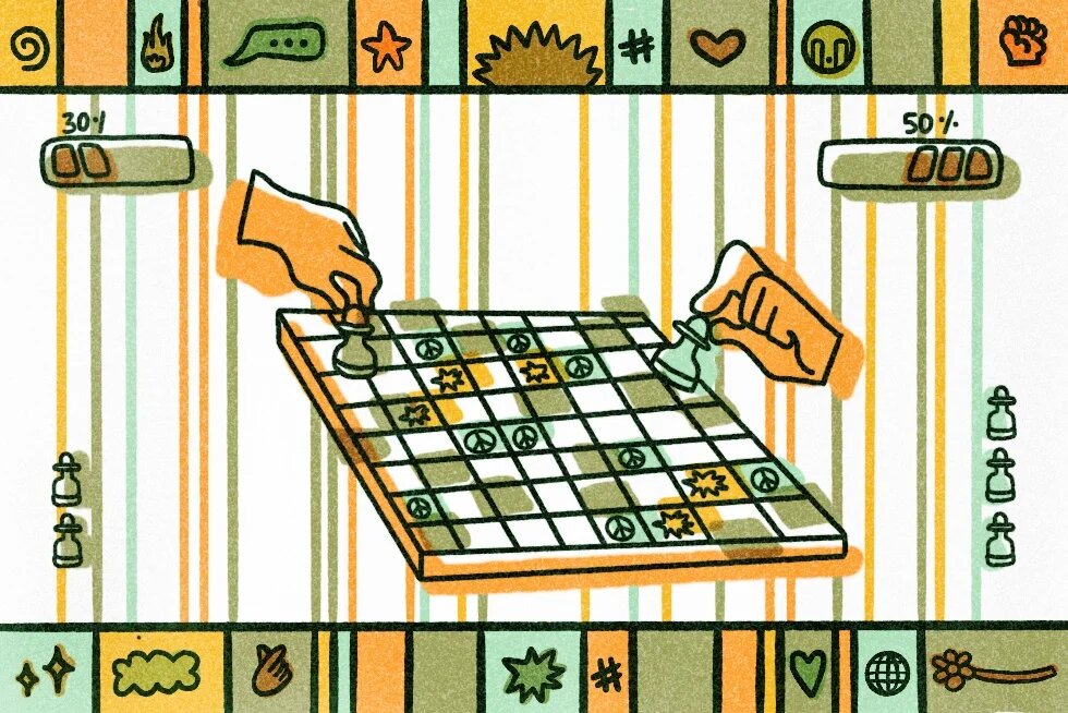 The illustration shows two hands moving simultaneously over a chessboard. Each hand holds a stylized chess piece and strategically places it on the board. A percentage value in the upper left and right corners indicates how far they have progressed with their strategy.
