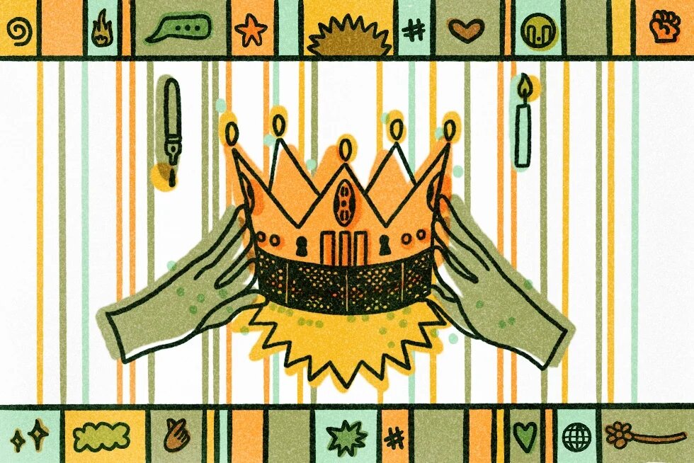 Illustration of two hands holding a golden crown. The motif is flanked by a quill pen and a burning candle on a striped background.