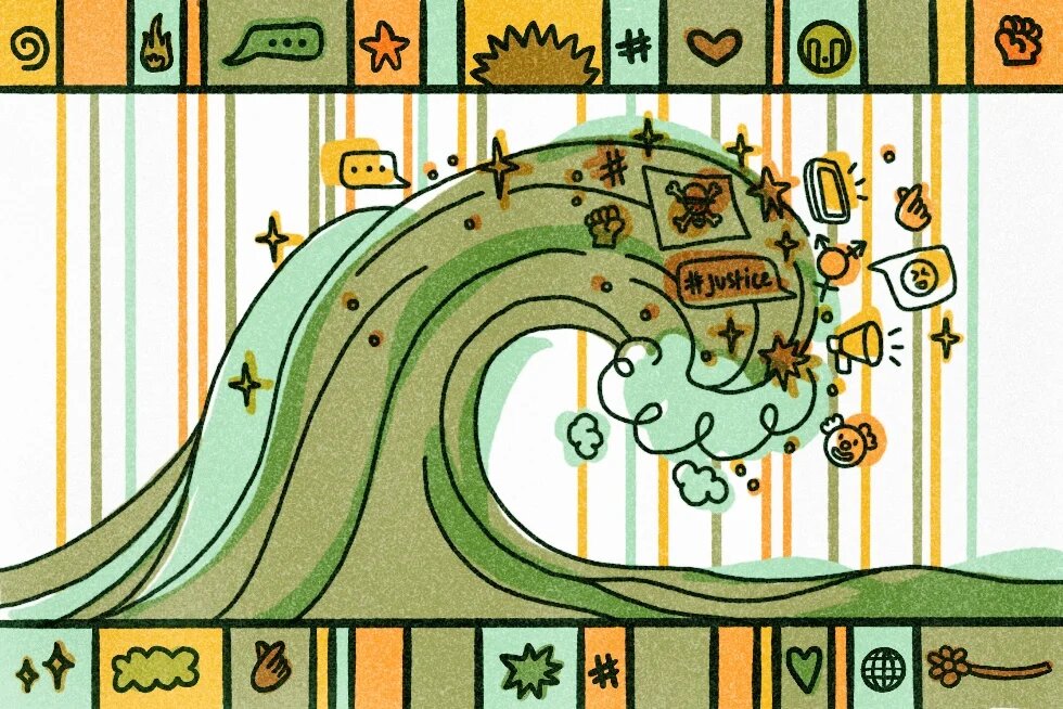 Illustration: A large green wave breaks in the center of the image. Symbols such as a megaphone, a smartphone, a fist, a skull banner, and a speech bubble with '#justice' swirl in the spray. The background consists of colorful vertical stripes; decorative banners with icons such as a heart, flame, and globe are located at the top and bottom.