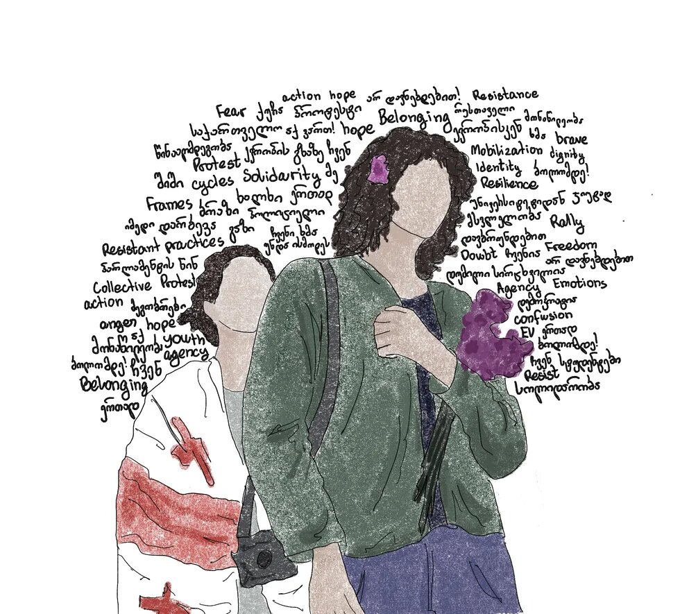 Illustration of two young people in front of a text cloud of Georgian and English words such as 'Hope', 'Resistance', and 'Solidarity'. One person is carrying a camera, the other a bag with a purple flower.