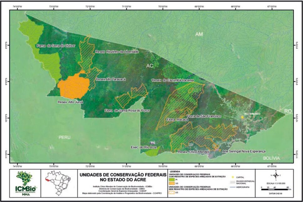 Map of the state of Acre with all extractive reserves and national forests.