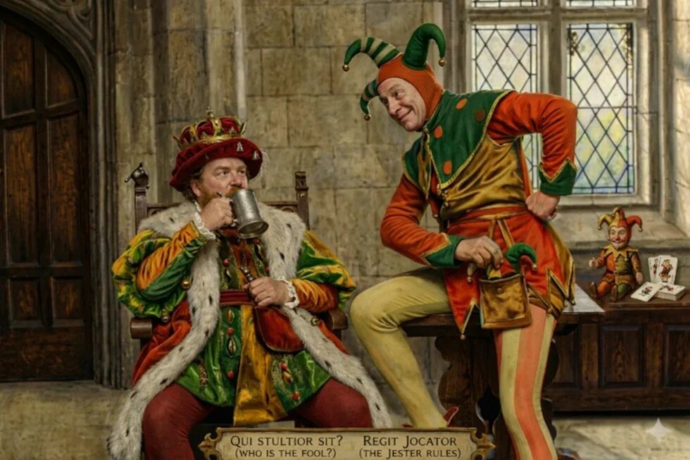AI-generated image (illustrative depiction of a court jester and monarch).