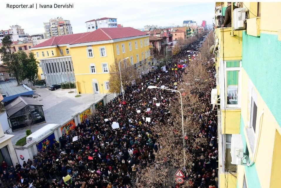 Thousands of students march through the streets of Tirana during the Albanian student protests on 11 December 2018