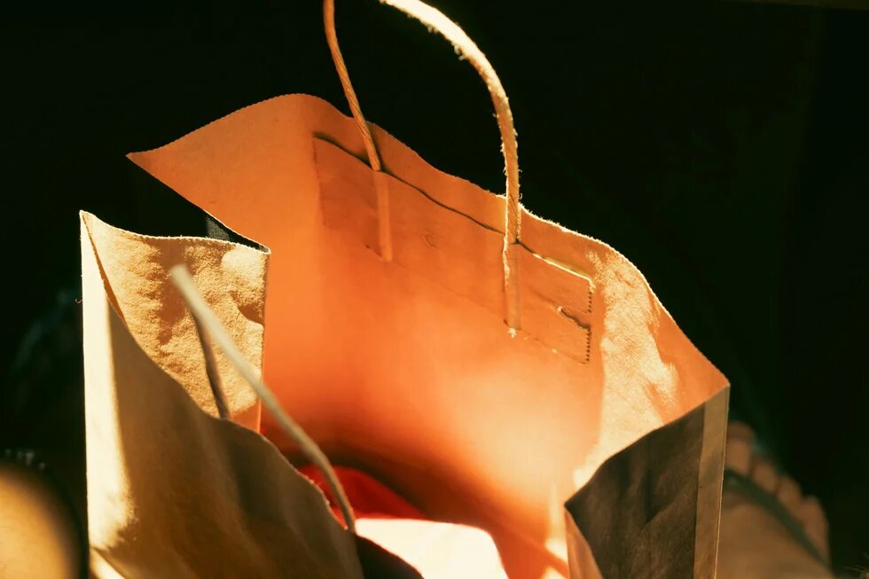 Empty beige paper bag with handles, lit by warm sunlight against a dark background.