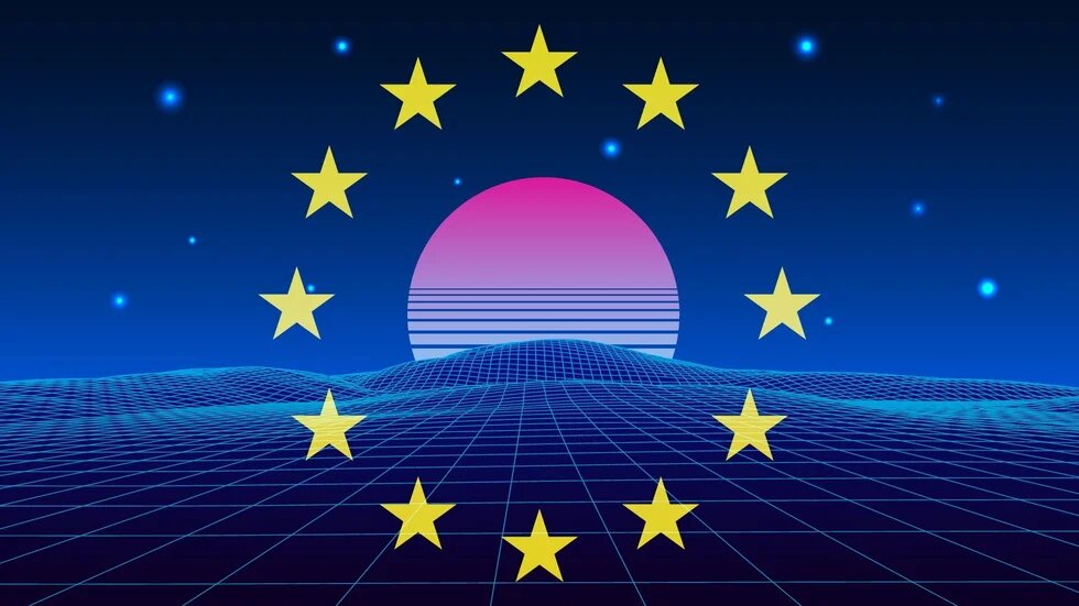 EU-Sterne umrahmen stilisierte Sonne über digitaler Gitterlandschaft im Retro-Design.