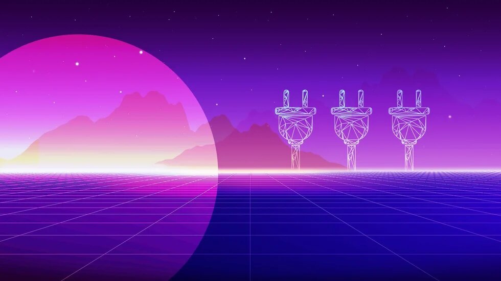 Futuristische Landschaft mit Rasterboden, großem Planeten und drei schwebenden Stromsteckern vor Bergen.