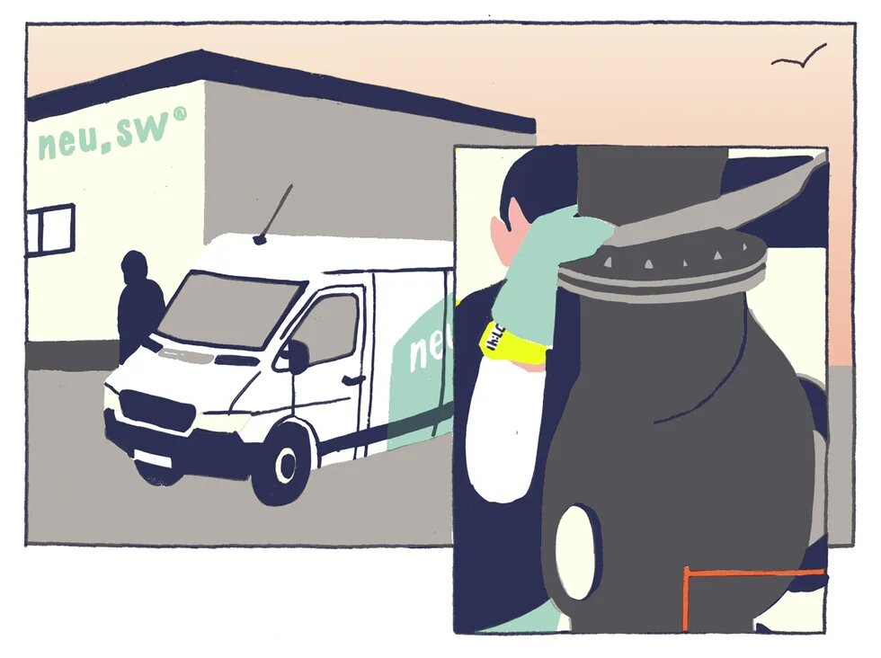 Illustration: Transporter vor Pumpwerk