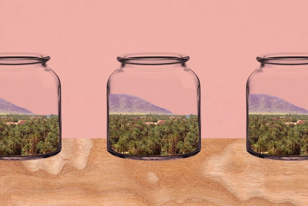 Collage: Drei große Glasgefäße stehen in einer sandigen Landschaft vor rosafarbenem Himmel und enthalten jeweils eine üppig grüne Palmenoase mit Bergen im Hintergrund.