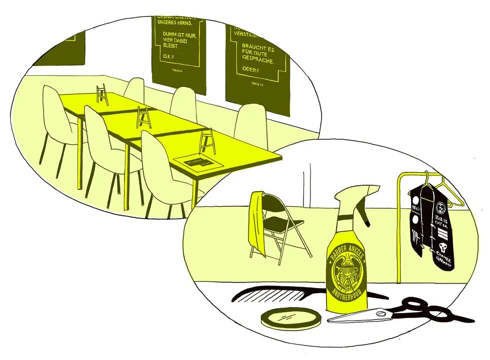 Illustration: Tische mit Stühlen und Friseursalon