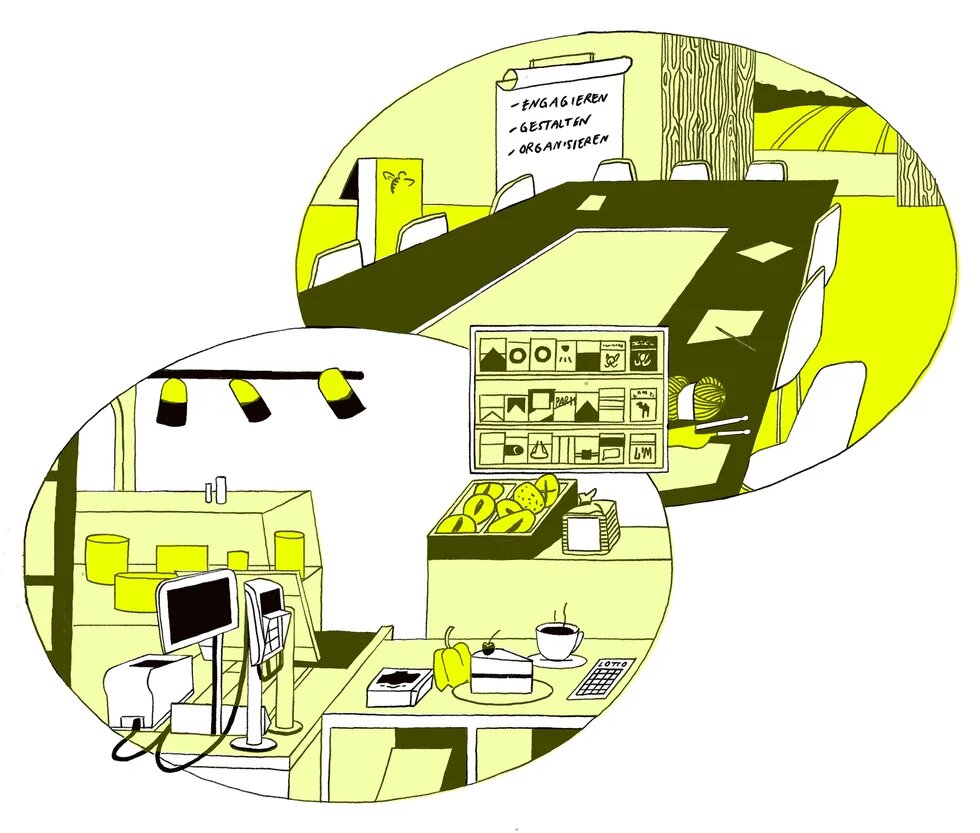 Illustration: Dorfladen und großer Tisch mit Stühlen