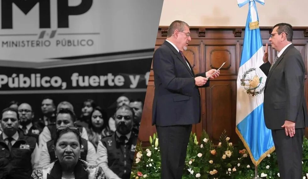 Das Bild zeigt zweigeteilt links eine Menschengruppe vor dem Logo des „Ministerio Público“ und rechts eine offizielle Vereidigung vor der guatemaltekischen Flagge.