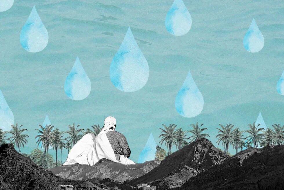 Collage: Sitzende Person vor Bergen und Palmen; am Himmel schweben große Wassertropfen über einer bergigen Landschaft mit Palmen.