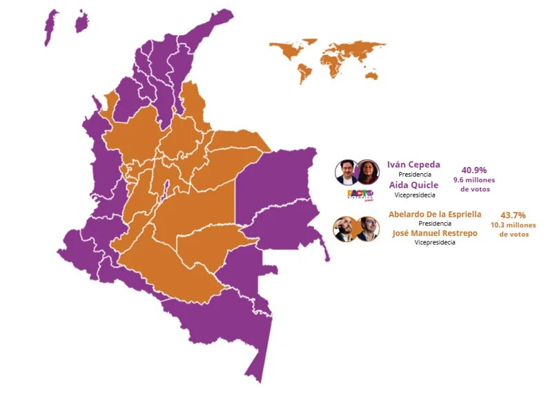 Karte mit farblicher Kennzeichnung der Stimmen nach Regionen, erster Wahlgang, 2026.