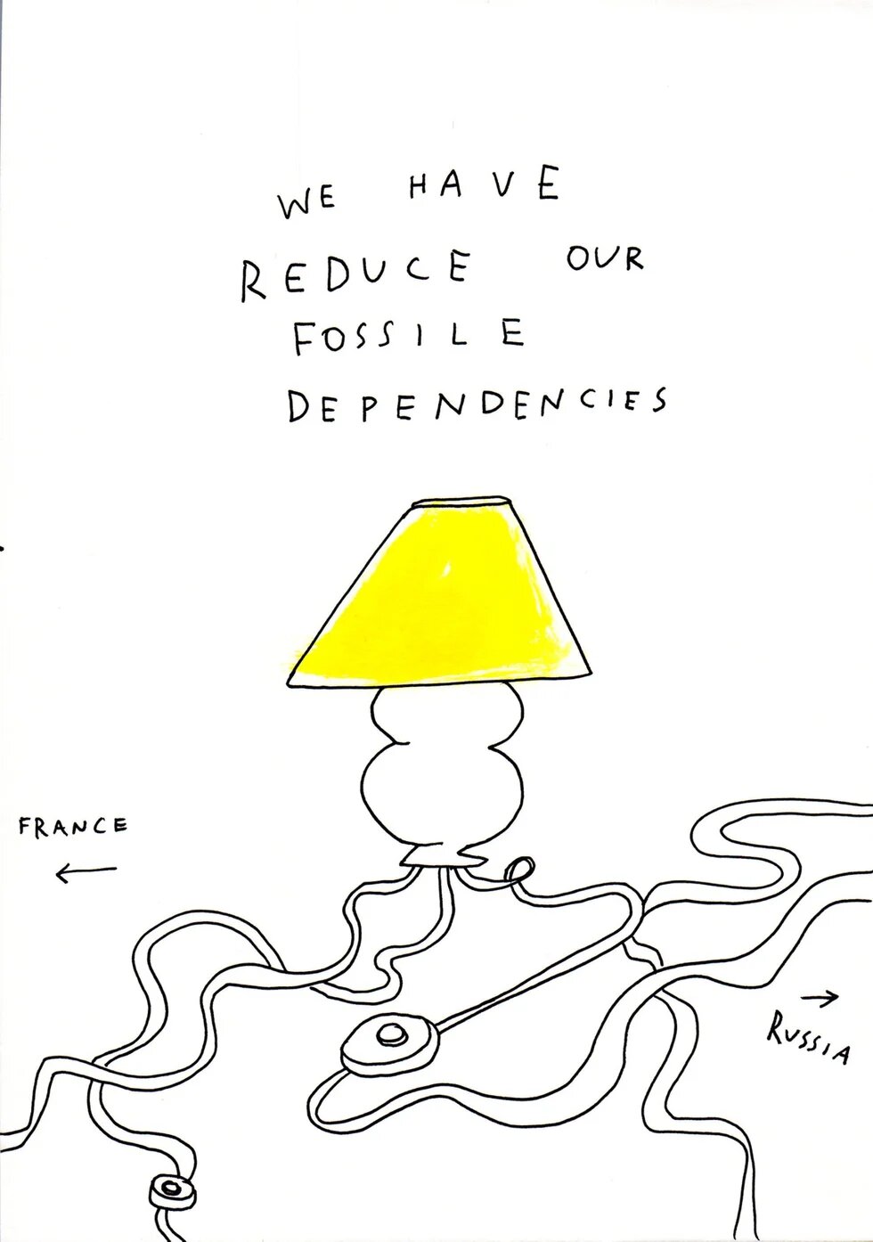 Lampe ist über ein Leitungsnetz zwischen „Frankreich“ und „Russland“ verbunden. Text: „Wir müssen unsere Abhängigkeit von Fossilen verringern“ (We have…)