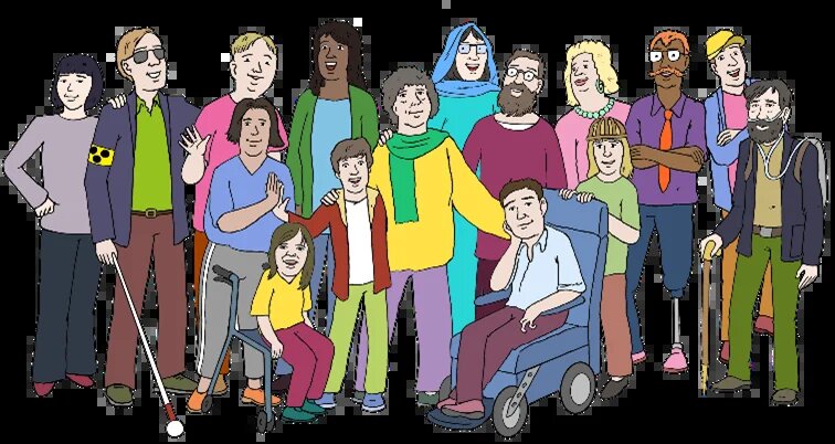 Vielfältige Personengruppe, teils mit Rollstuhl, Langstock, Gehhilfe oder Prothese, steht und sitzt gemeinsam nebeneinander.