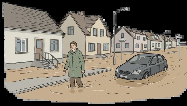 Überflutete Straße mit Häusern. Eine Person watet durch das Wasser, ein Auto steht teilweise im Hochwasser.