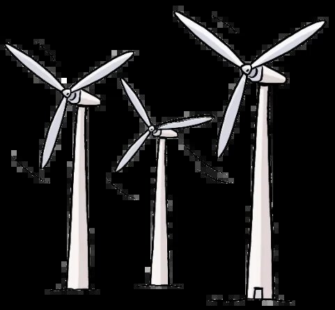 Drei Windräder stehen nebeneinander, ihre Rotoren drehen sich.