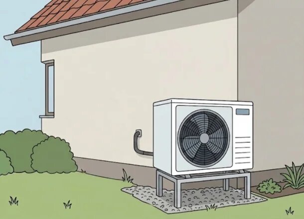 Außengerät einer Wärmepumpe steht neben einem Haus auf einem Gestell im Garten.