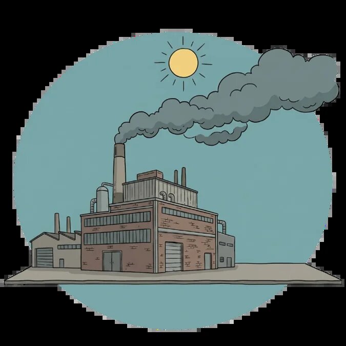 Fabrik mit Schornsteinen stößt dunklen Rauch aus. Die Sonne steht über dem Gebäude.