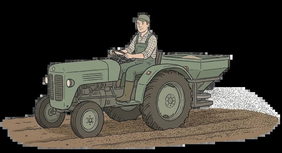Person fährt mit einem Traktor über ein Feld und streut Material auf den Boden.