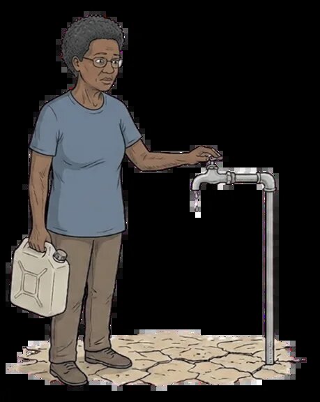 Person hält einen Kanister und dreht einen Wasserhahn, aus dem nur wenige Tropfen kommen.
