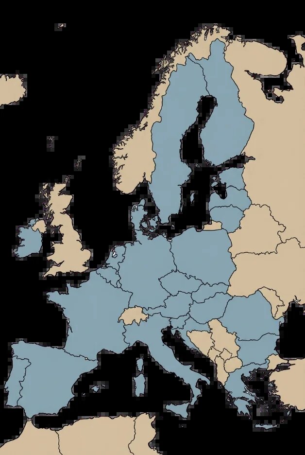 Karte Europas mit markierten Ländern. Die meisten europäischen Staaten sind hellblau hervorgehoben.