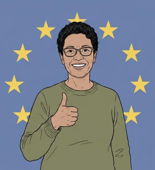 Person zeigt Daumen hoch. Im Hintergrund sind die Sterne der Europaflagge zu sehen.