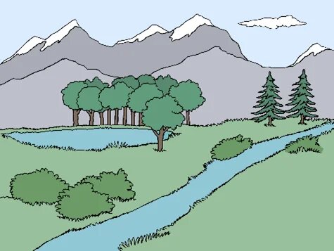 Bach fließt durch Wiese. Bäume stehen am Ufer, dahinter Wald und schneebedeckte Berge unter wolkigem Himmel.