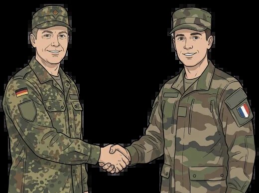 Zwei Soldaten in Uniform mit Deutschland- und Frankreich-Abzeichen geben sich die Hand.