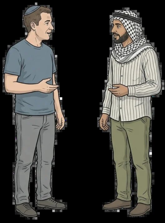 Zwei Personen stehen sich gegenüber und unterhalten sich. Eine trägt eine Kippa, die andere ein Kufiya-Tuch.