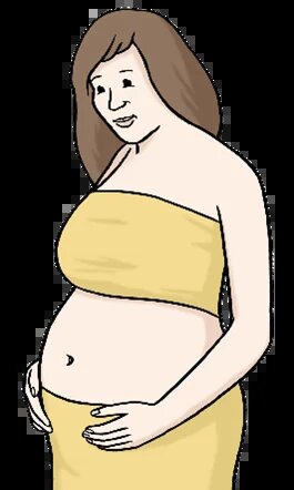 Schwangere Person hält eine Hand am Bauch und blickt nach unten.