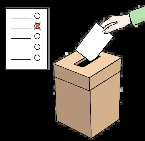 Hand wirft einen Stimmzettel in eine Wahlurne. Daneben ist ein Wahlzettel mit einem angekreuzten Feld zu sehen.