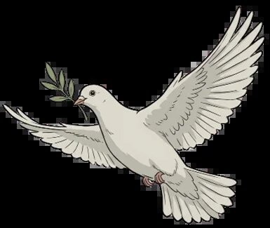 Weiße Taube fliegt mit ausgebreiteten Flügeln und trägt einen Olivenzweig im Schnabel.