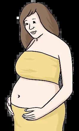 Schwangere Person hält eine Hand am Bauch und blickt nach unten.