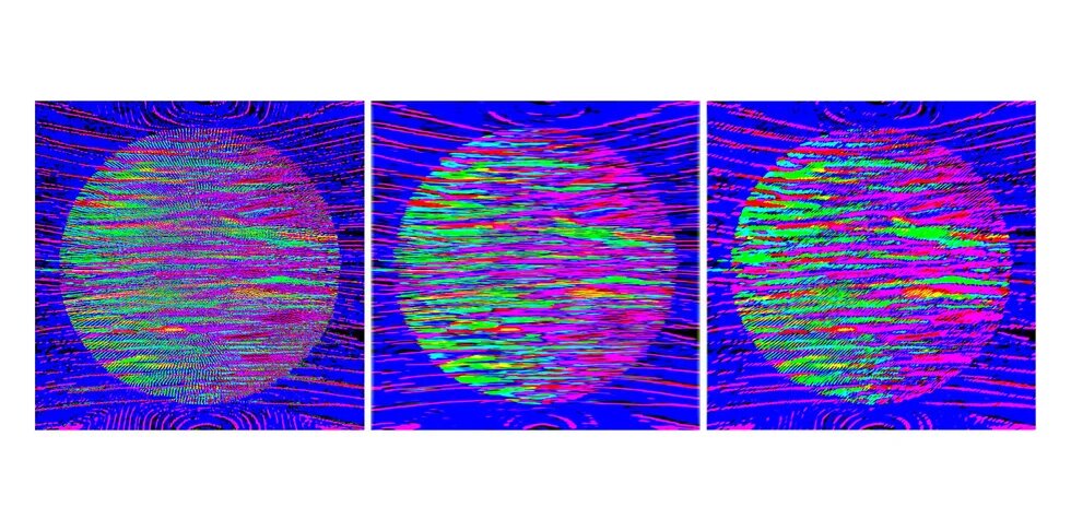 A triptych of abstract digital artworks featuring circular forms filled with vibrant, multicolored horizontal streaks against a deep blue background, creating a dynamic, glitch-like visual effect.