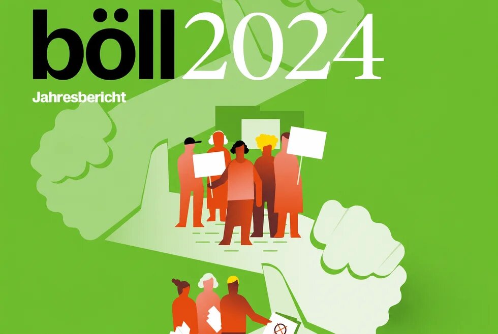 Titel „böll 2024 Jahresbericht“. Illustration: Mehrere Menschen mit Schildern auf einem Weg, Bäume und weitere Personen im Vordergrund.