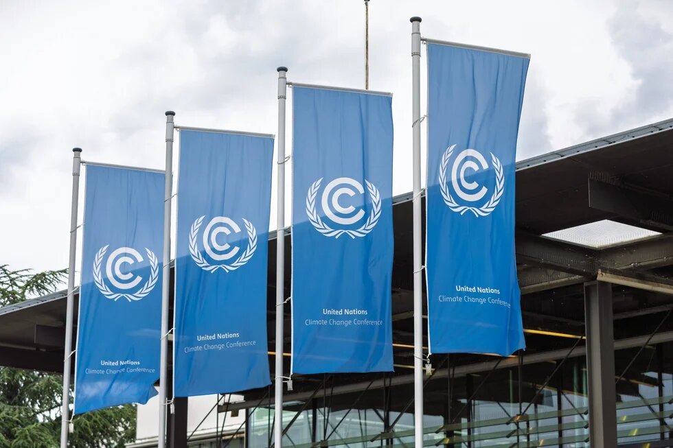 Four blue flags from the UN Climate Change Conference, featuring the logo and the text “United Nations Climate Change Conference,” in front of a building.