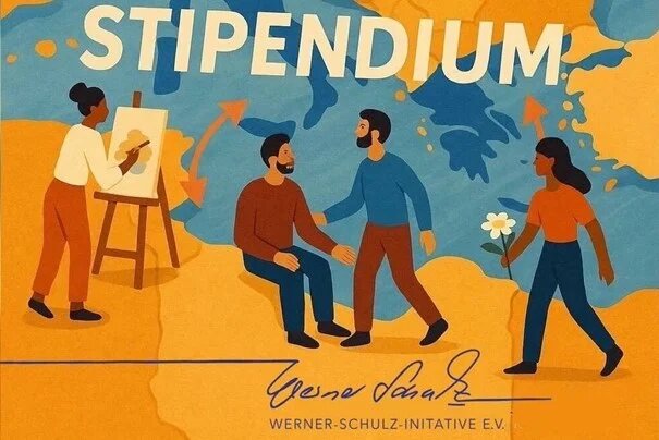 Illustration mit „STIPENDIUM“: Eine Person malt, zwei begrüßen sich, eine trägt eine Blume. Unten Logo „Werner-Schulz-Initiative e.V.“