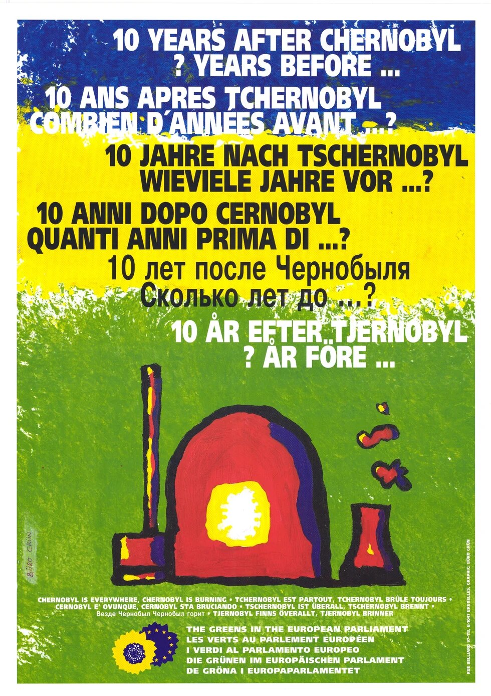 Plakat mit Schriftzügen in mehreren Sprachen, darunter stilisierter explodierender Atommeiler. 