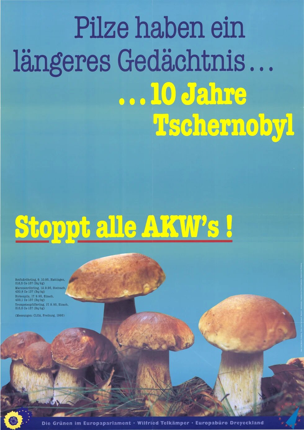 Stilisierte Pilze vor blauem Hintergrund, darüber Schrift in gelb.